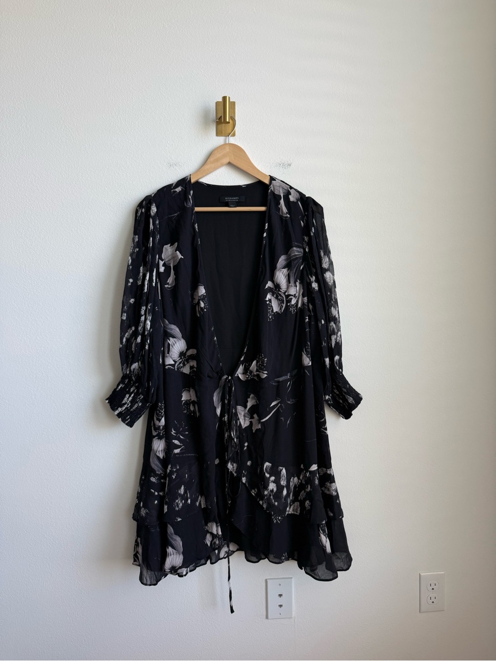 AllSaints Ari Pauline Floral Faux Wrap Chiffon Mini Dress Black Grey 10 - Picture 10 of 16